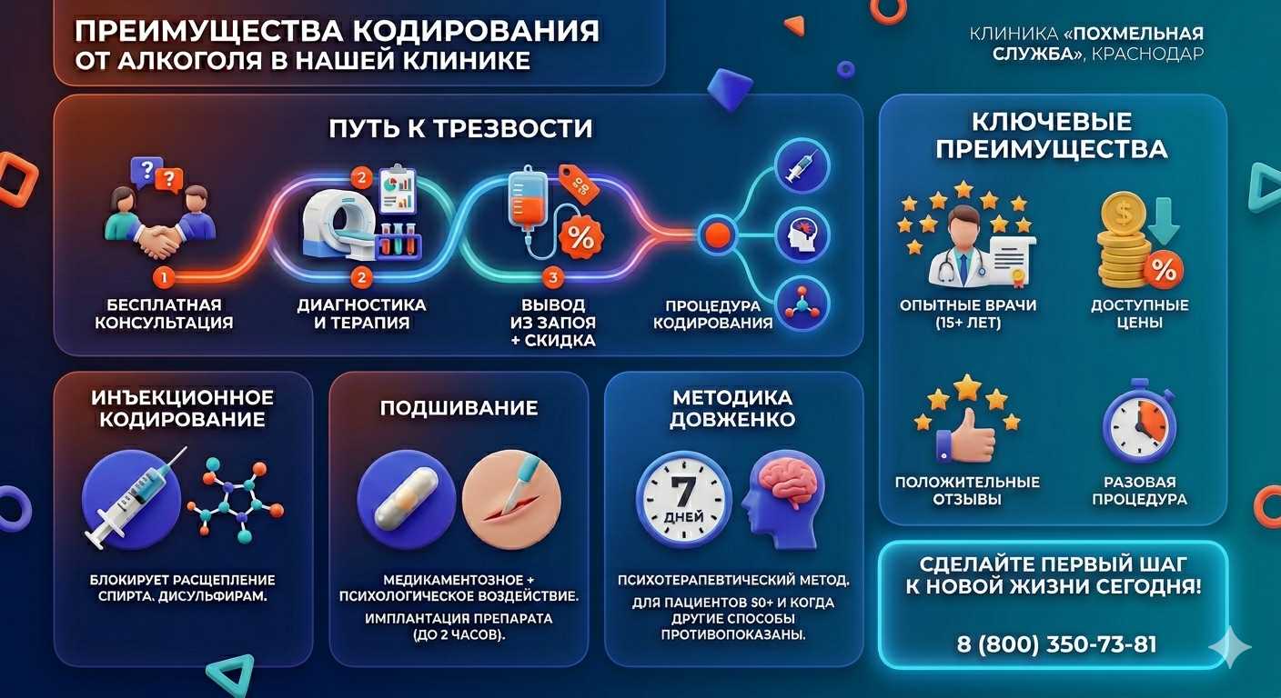 Инфографика о методах кодирования от алкоголя в Керчи: инъекции, подшивание, метод Довженко. Преимущества клиники и этапы лечения.