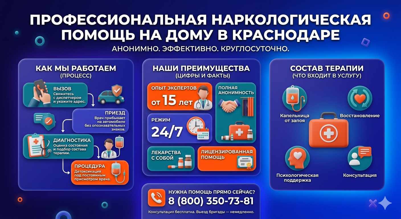Инфографика о принципах лечения алкоголизма на дому в Керчи: этапы вызова нарколога, преимущества анонимной детоксикации и состав медицинской помощи.
